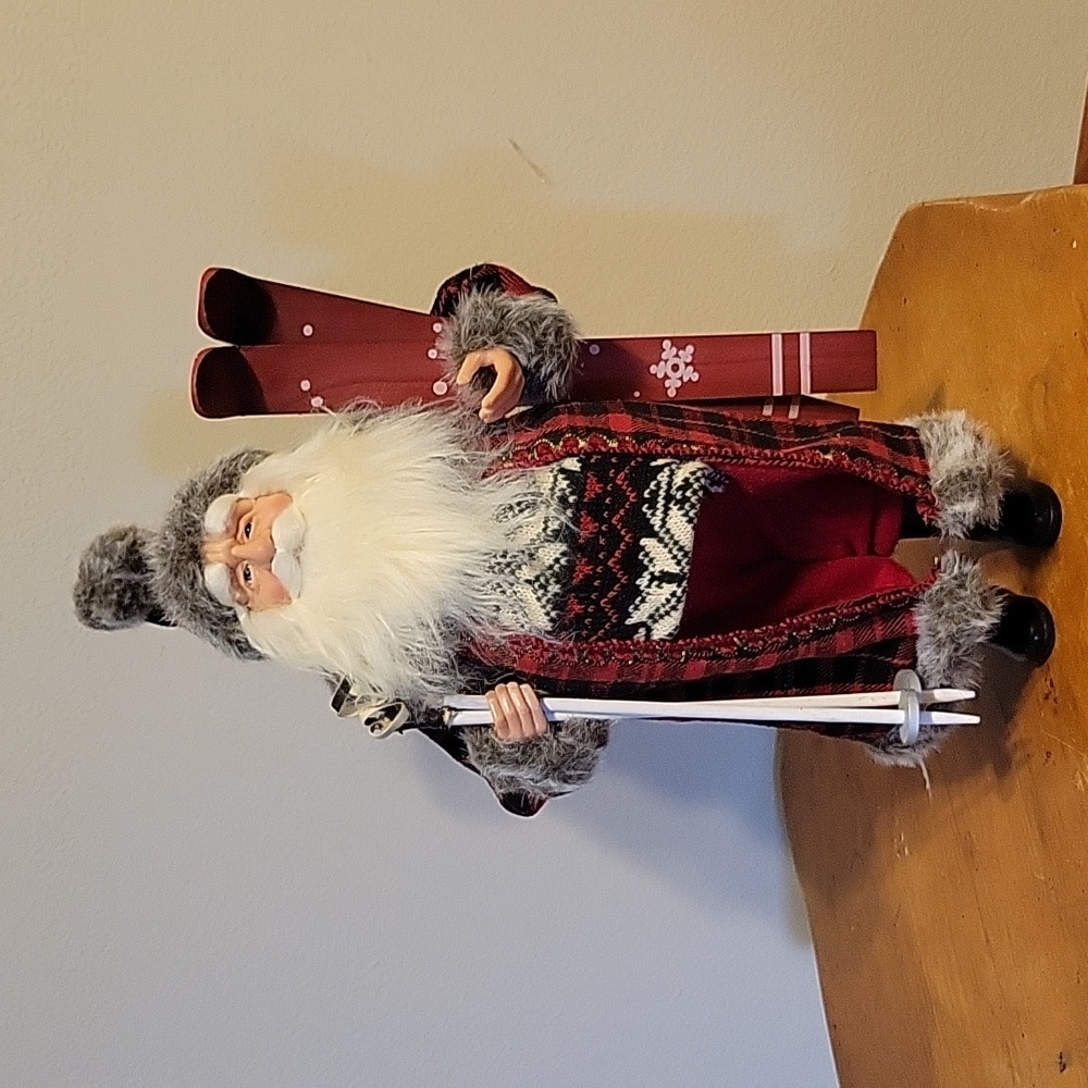 Santa Figurine with Wooden Skis, Poles and Shoes